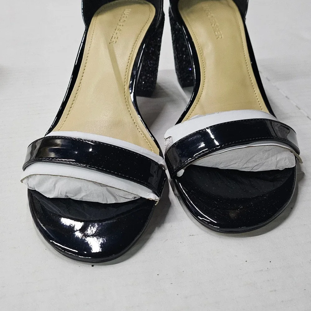 Marc Fisher Safia Black Patent Glitter Block Heel Sandals 8.5M‎ QMSAFIA NEW